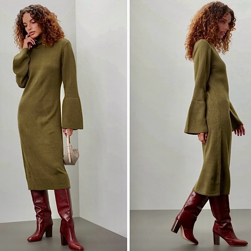 Long Sleeve Olive Green Knit Midi Dress with Bell Sleeves